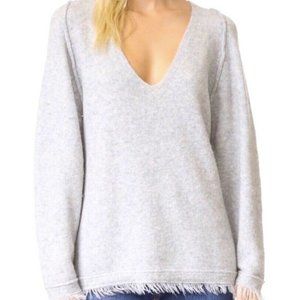 Free People - Gray  V-Neck Long Sleeve Fringe Hem Loose Knit Pullover Sweater